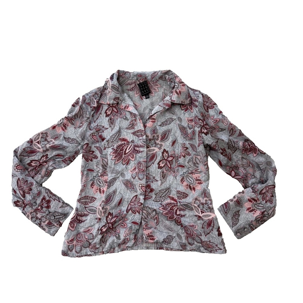 Due Per Due Silk Paisley Pattern Gray and Pink Button Down Size 6